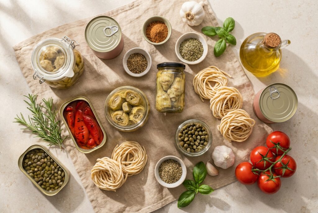 An overhead spread of curated imported pantry goods, dried pasta, olive oil, herbs and preserves