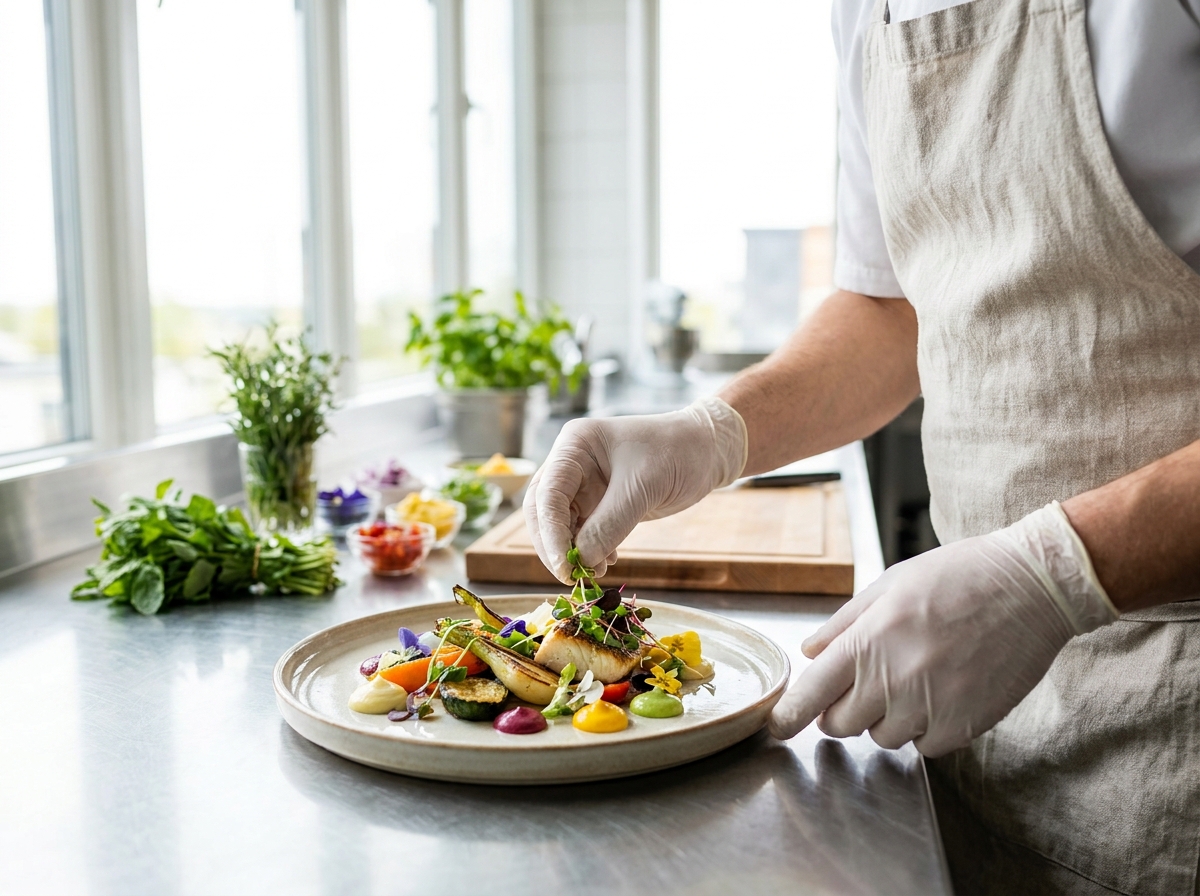 A chef plating a fresh dish in a bright, sunlit professional kitchen