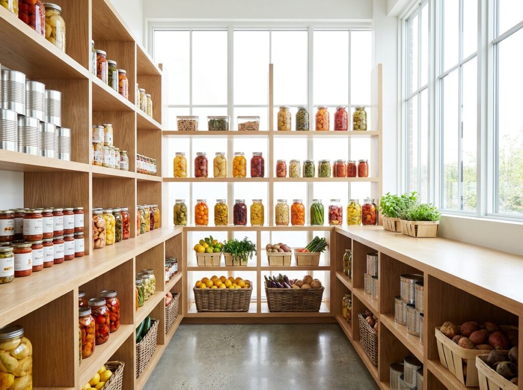 A bright, modern foodservice pantry lined with jarred goods and produce