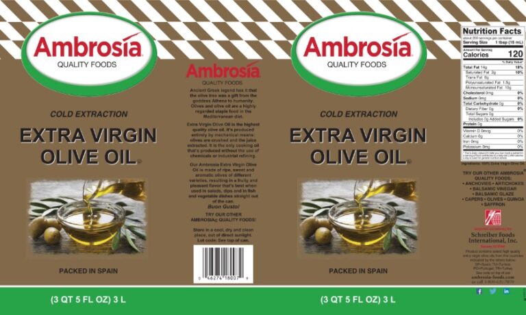 Product label for Olive Oil, Extra Virgin, showing the ingredient statement and nutrition panel