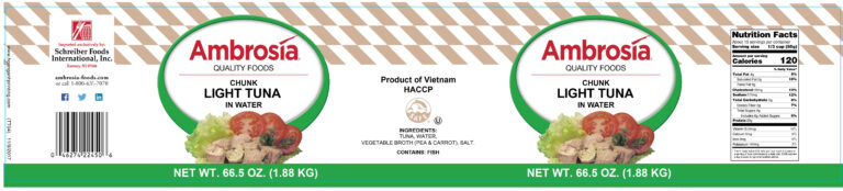 Product label for Tuna, Chunk Light, showing the ingredient statement and nutrition panel