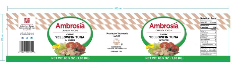 Product label for Tuna, Yellowfin, Chunk, No VB, 48 OZ., showing the ingredient statement and nutrition panel
