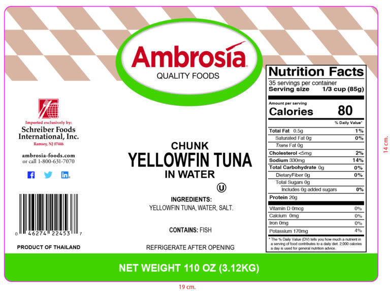 Product label for Tuna, Yellowfin, No VB, Pouch Pack, showing the ingredient statement and nutrition panel