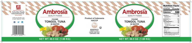 Product label for Tuna, Tongol, Chunk, No VB, 48 OZ., showing the ingredient statement and nutrition panel
