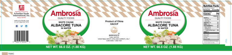 Product label for Tuna, Albacore, Chunk, showing the ingredient statement and nutrition panel