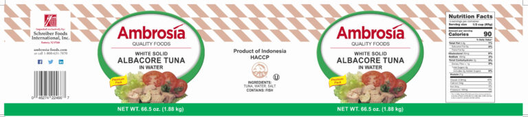 Product label for Tuna, Albacore, Solid, No VB, 48 OZ., showing the ingredient statement and nutrition panel