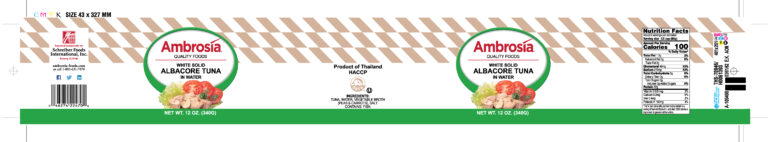 Product label for Tuna, Albacore, Solid, showing the ingredient statement and nutrition panel