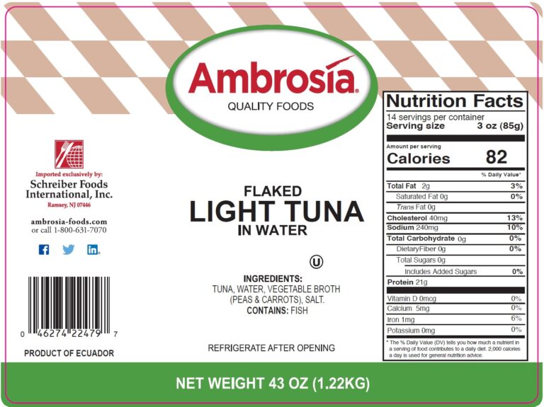 Product label for Tuna, Light Flake, Pouch Pack, showing the ingredient statement and nutrition panel