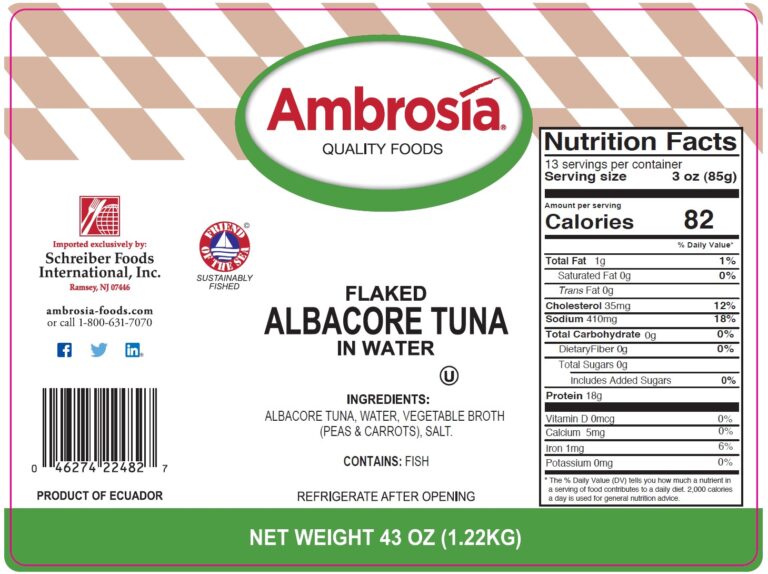 Product label for Tuna, Albacore, Pouch Pack, showing the ingredient statement and nutrition panel
