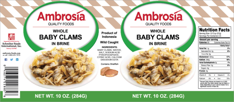 Product label for Clams, Whole Baby, showing the ingredient statement and nutrition panel