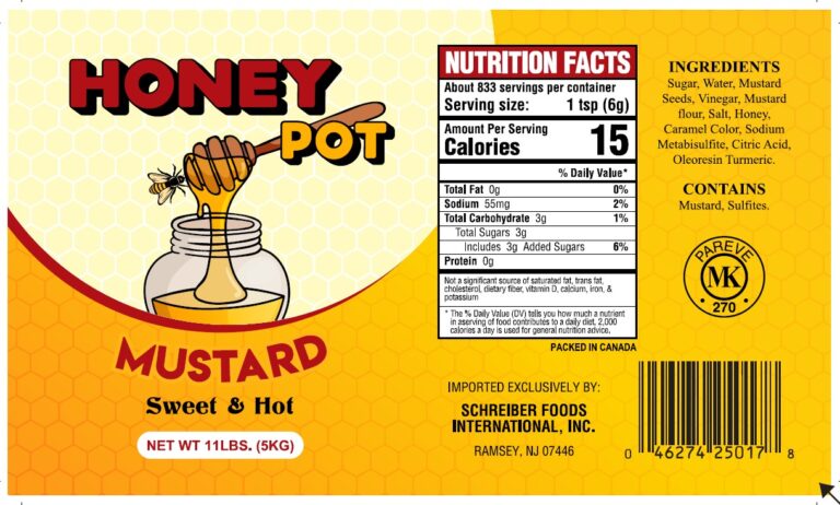 Product label for Honey Pot, Mustard, showing the ingredient statement and nutrition panel