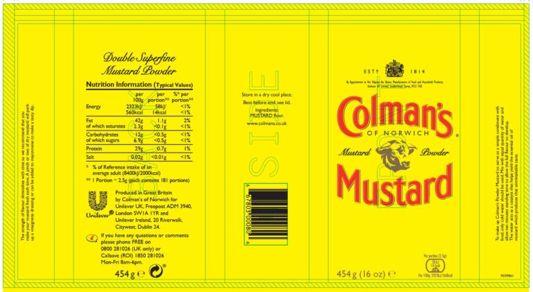 Product label for Dry Mustard Powder, showing the ingredient statement and nutrition panel