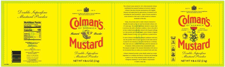 Product label for Dry Mustard Powder, showing the ingredient statement and nutrition panel