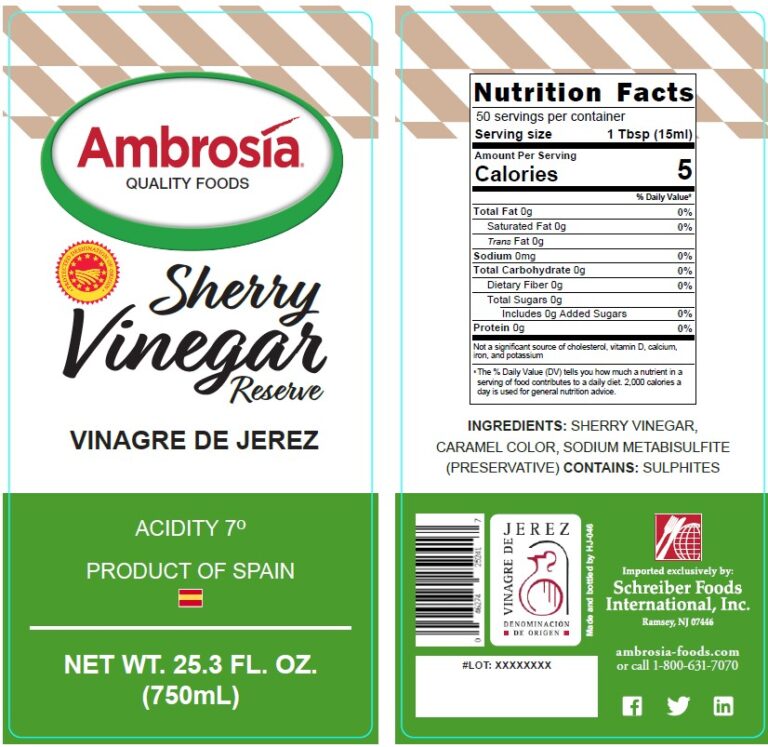 Product label for Sherry Vinegar, showing the ingredient statement and nutrition panel