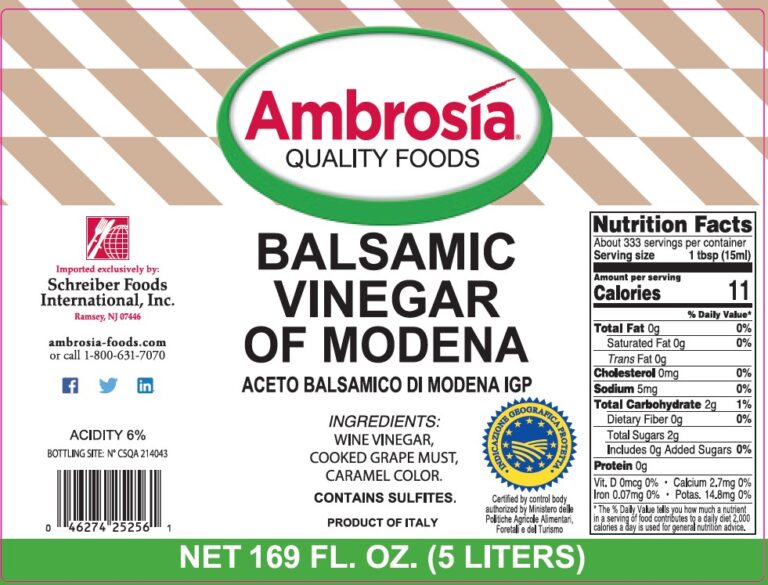 Product label for Balsamic Vinegar, Italy, showing the ingredient statement and nutrition panel