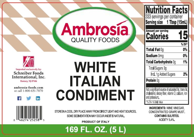 Product label for White Condiment W/ Balsamic Vinegar, showing the ingredient statement and nutrition panel