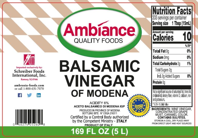 Product label for Balsamic Vinegar, Italy, showing the ingredient statement and nutrition panel