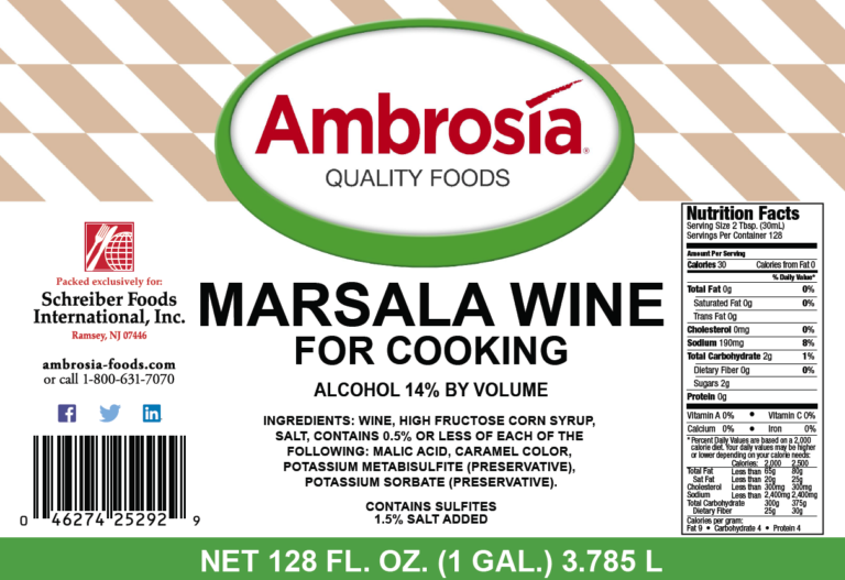 Product label for Marsala Cooking Wine, showing the ingredient statement and nutrition panel