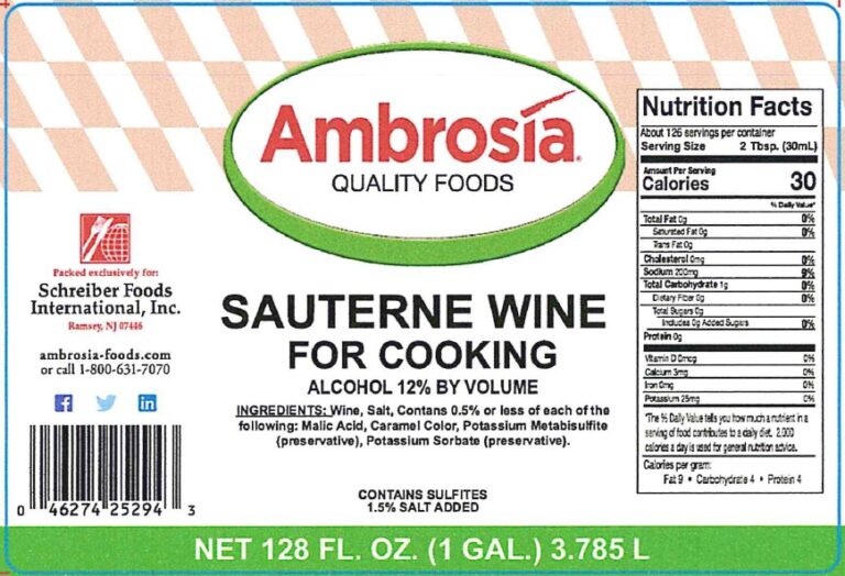 Product label for Sauterne Cooking Wine, showing the ingredient statement and nutrition panel