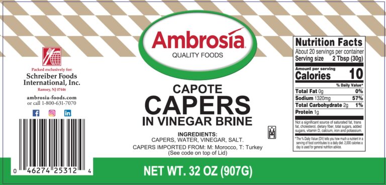 Product label for Capers, Capote, showing the ingredient statement and nutrition panel