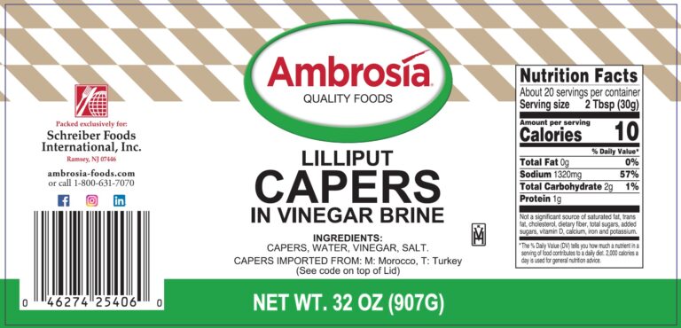 Product label for Capers, Lilliput, showing the ingredient statement and nutrition panel