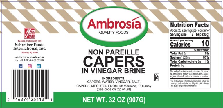 Product label for Capers, Non Pareille, showing the ingredient statement and nutrition panel