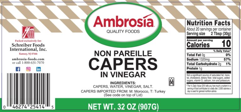 Product label for Capers, Non Pareille, showing the ingredient statement and nutrition panel