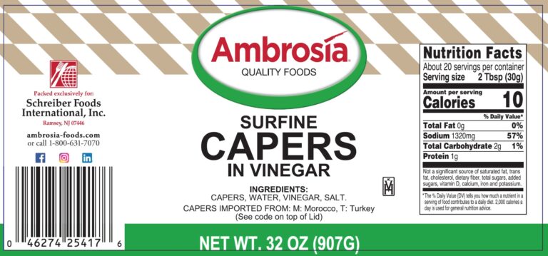 Product label for Capers, Surfine, showing the ingredient statement and nutrition panel