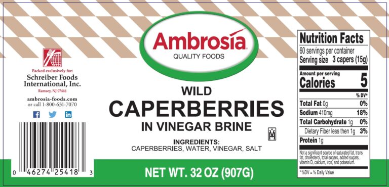 Product label for Caperberries, showing the ingredient statement and nutrition panel