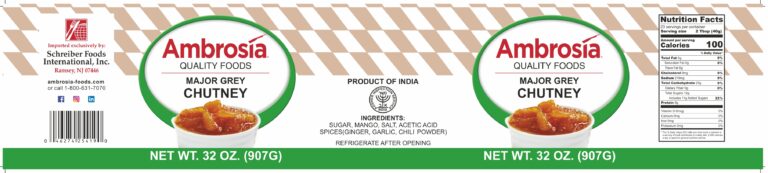 Product label for Chutney, Major Grey, showing the ingredient statement and nutrition panel