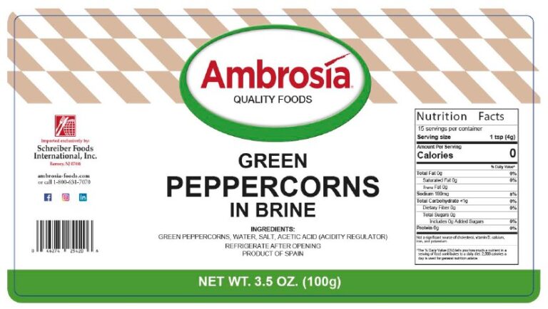 Product label for Peppercorns, Green, In Brine, showing the ingredient statement and nutrition panel