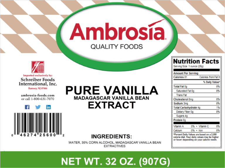 Product label for Vanilla Extract, Pure, showing the ingredient statement and nutrition panel