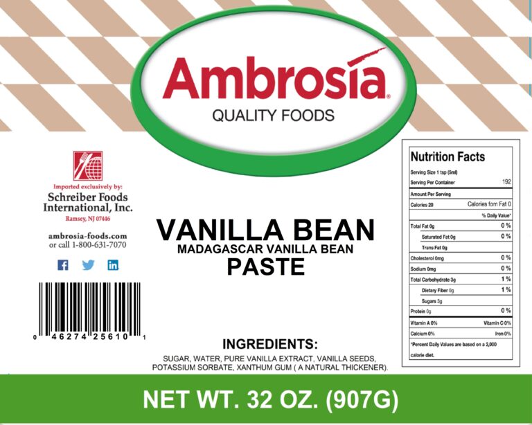 Product label for Vanilla Bean, Paste, showing the ingredient statement and nutrition panel