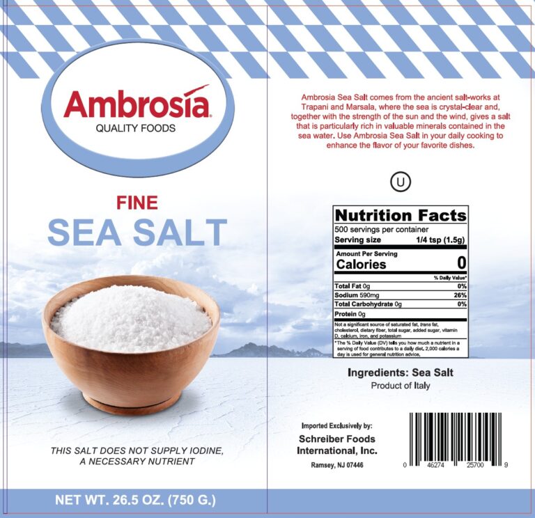 Product label for Sea Salt, Fine, showing the ingredient statement and nutrition panel