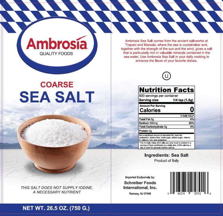 Product label for Sea Salt, Coarse, showing the ingredient statement and nutrition panel
