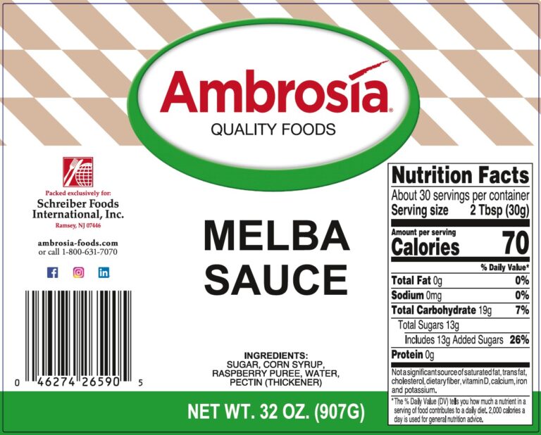 Product label for Melba Sauce, showing the ingredient statement and nutrition panel