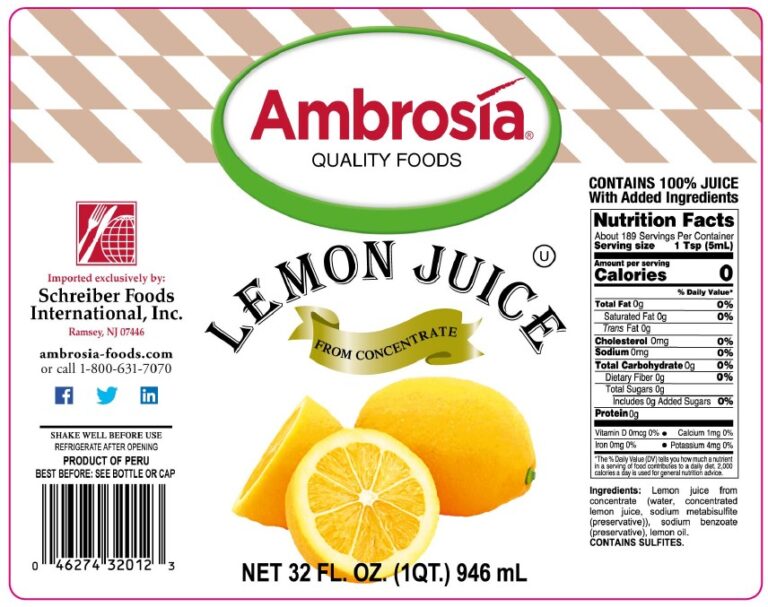 Product label for Lemon Juice, showing the ingredient statement and nutrition panel