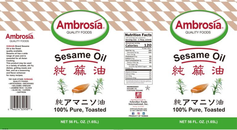 Product label for Sesame Oil, 100% Pure, Toasted, showing the ingredient statement and nutrition panel