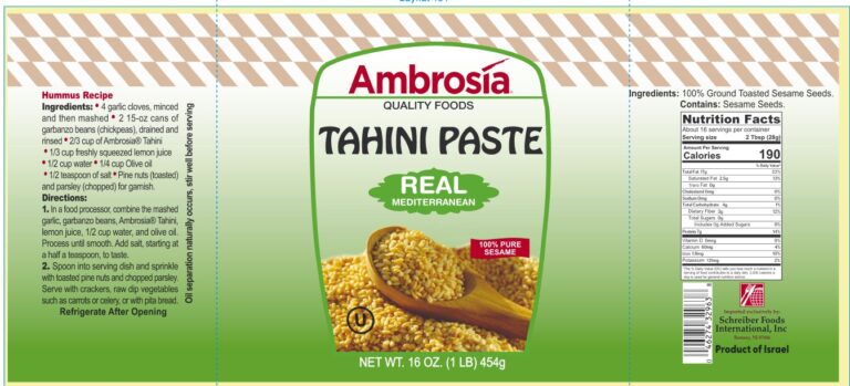 Product label for Tahini Paste, showing the ingredient statement and nutrition panel