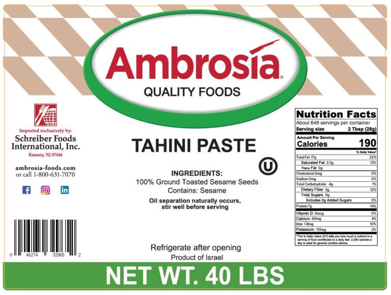 Product label for Tahini Paste, showing the ingredient statement and nutrition panel