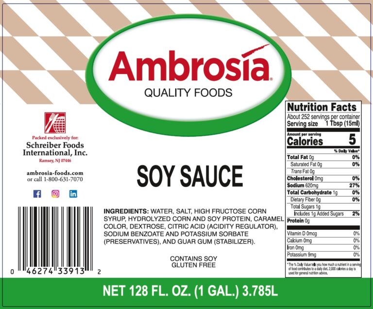 Product label for Soy Sauce, showing the ingredient statement and nutrition panel
