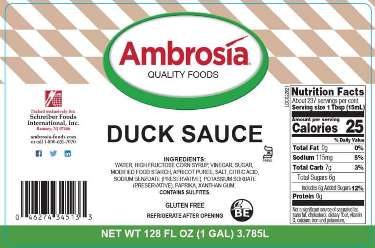 Product label for Duck Sauce, showing the ingredient statement and nutrition panel