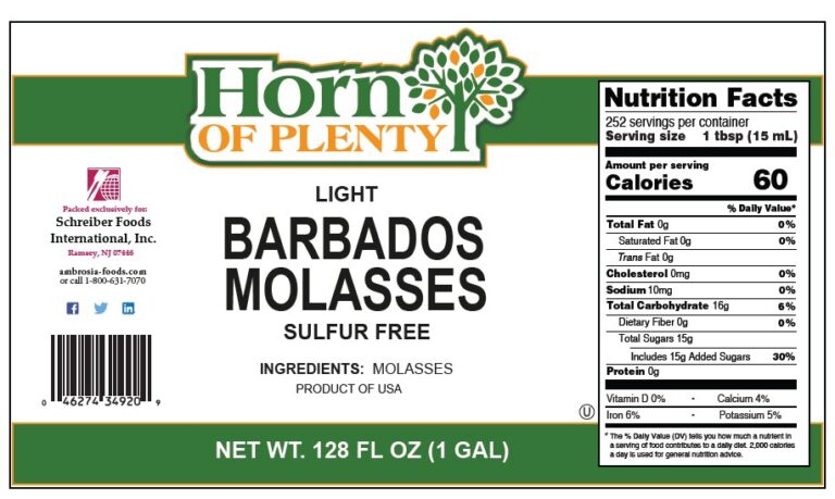 Product label for Molasses, Supreme, showing the ingredient statement and nutrition panel