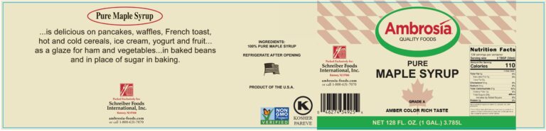 Product label for Maple Syrup, Pure, Medium Amber, Grade A, showing the ingredient statement and nutrition panel