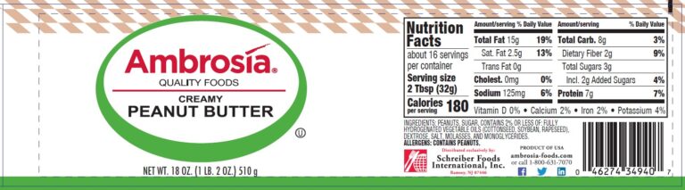 Product label for Peanut Butter, Creamy, showing the ingredient statement and nutrition panel