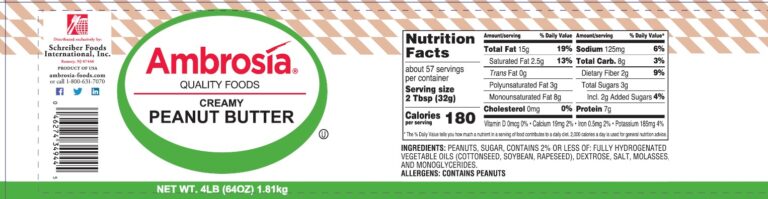 Product label for Peanut Butter, Creamy, showing the ingredient statement and nutrition panel