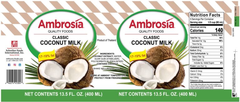 Product label for Coconut Milk, Classic, 17-19% Fat, showing the ingredient statement and nutrition panel