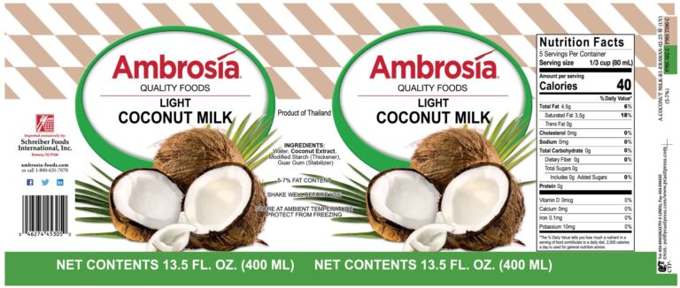 Product label for Coconut Milk, Light, 5-7% Fat, showing the ingredient statement and nutrition panel
