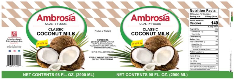 Product label for Coconut Milk, Classic, 17-19% Fat, showing the ingredient statement and nutrition panel