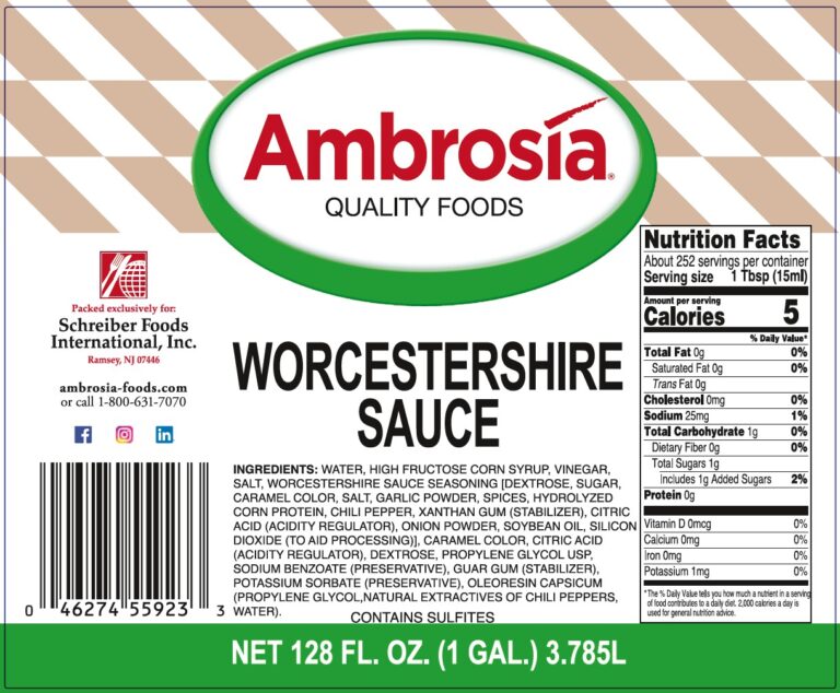 Product label for Worcestershire Sauce, showing the ingredient statement and nutrition panel